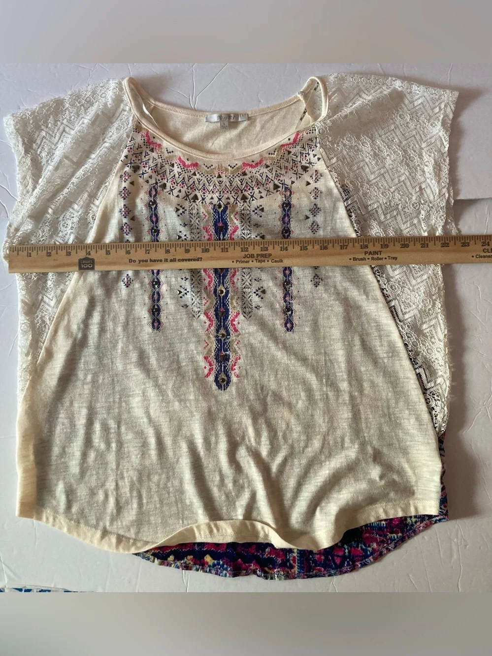Miss Me SZ L Cream Embroidered Lace-Sleeve Boho Top short sleeve Beautiful